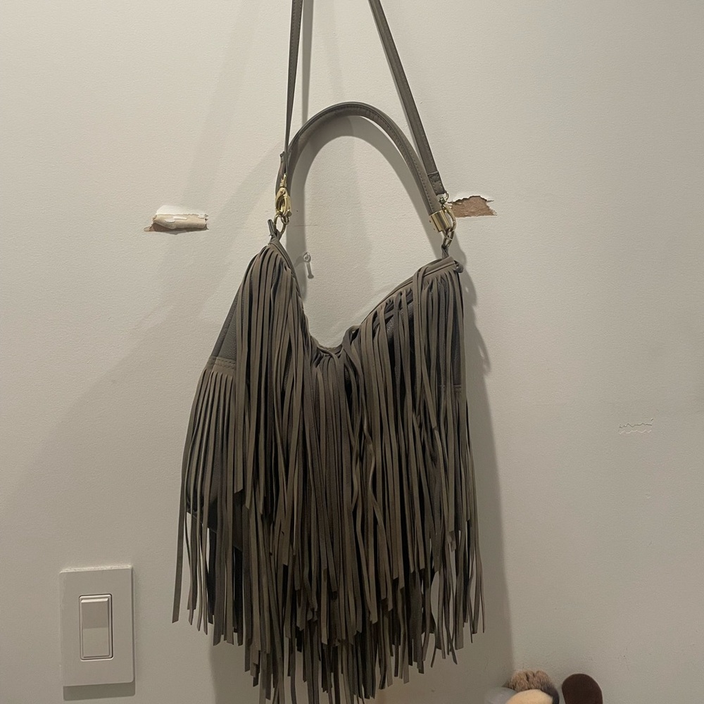 Gray fringe crossbody bag